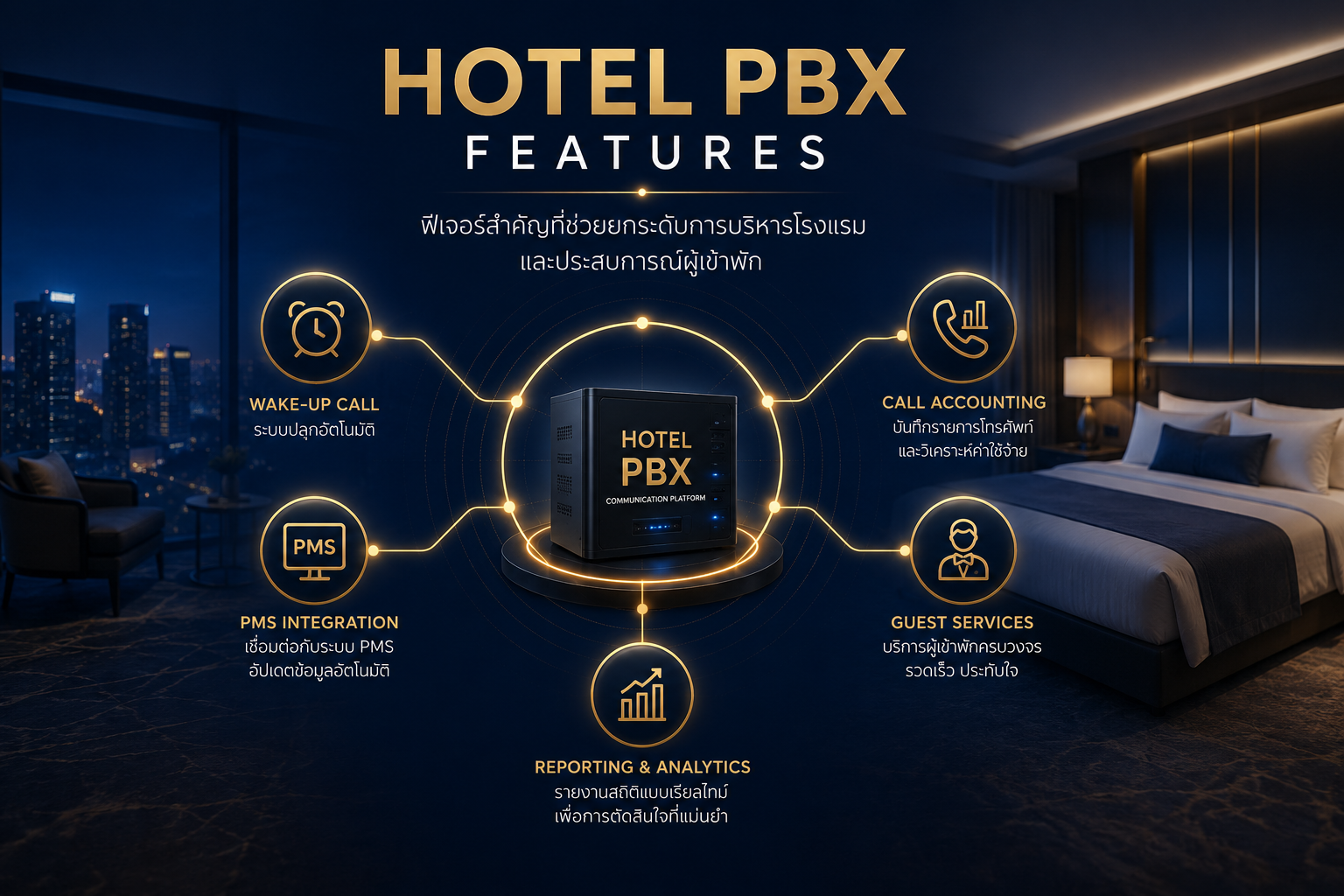 Hotel PBX Features Infographic — Wake-up Call, PMS Integration, Call Accounting, Guest Services, Reporting & Analytics นาคาทรัพย์ 145
