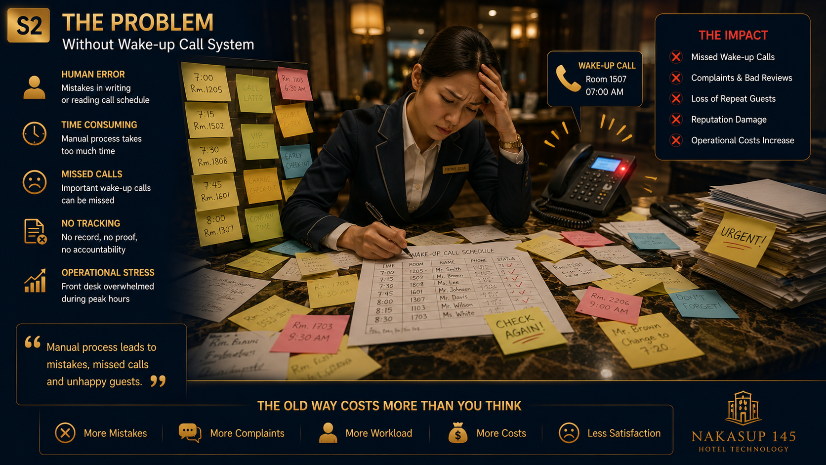 ปัญหา Human Error จากการโทรปลุกด้วยตนเอง พนักงาน Front Desk จดโน้ต Wake-up Call Schedule