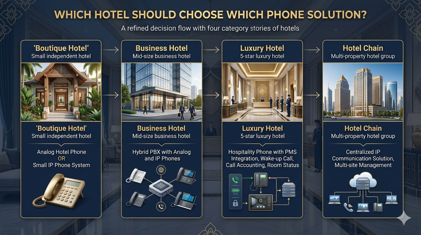 โรงแรมแต่ละประเภทควรเลือกระบบโทรศัพท์แบบใด — Boutique, Business, Luxury, Hotel Chain