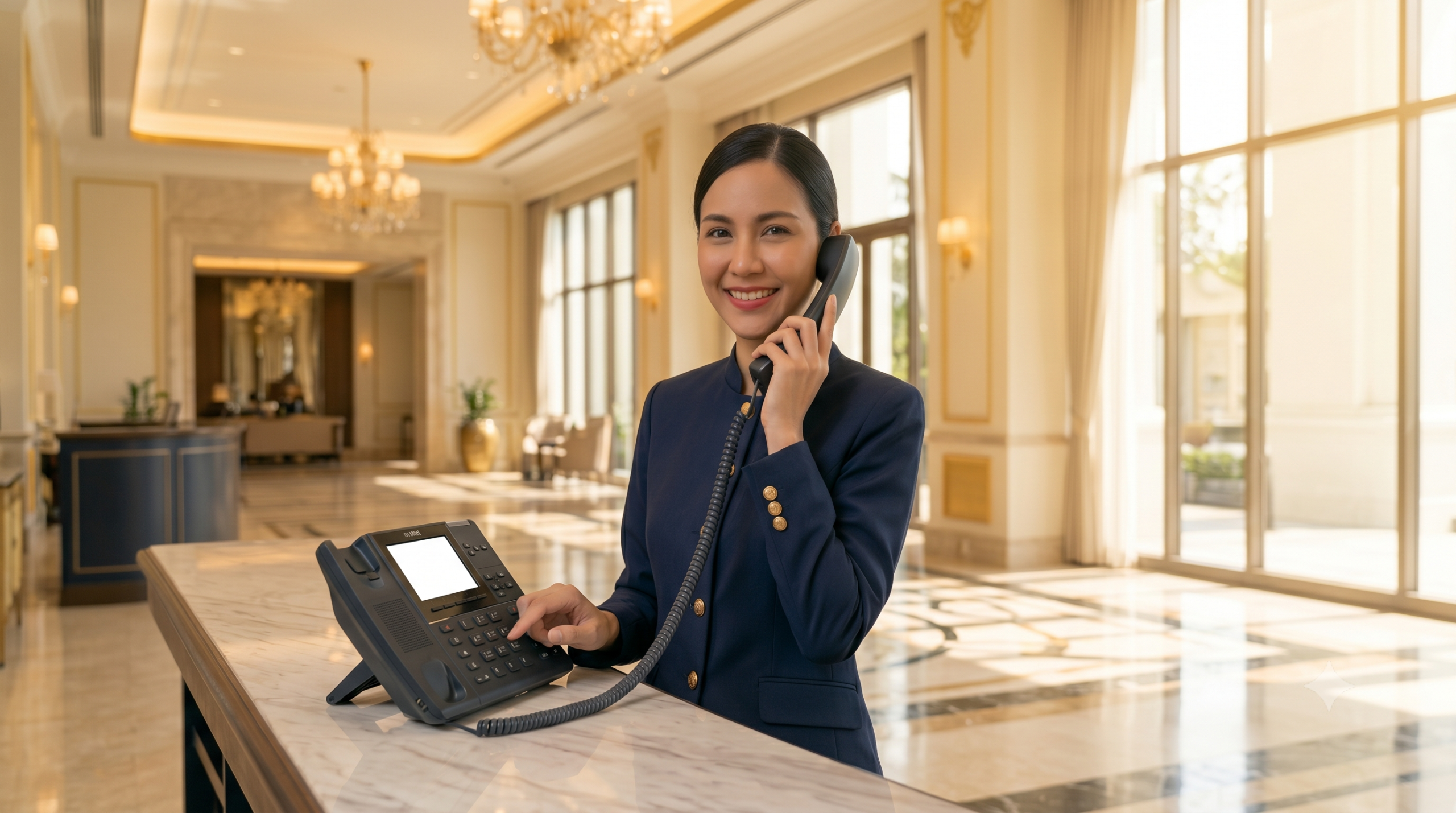 พนักงานต้อนรับโรงแรมใช้งานระบบโทรศัพท์ Hotel PBX และ IP Phone ที่ Front Desk
