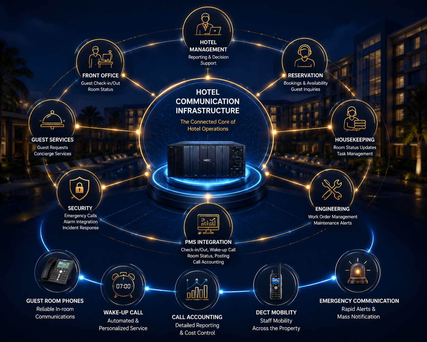 NEC SV9100 / SV9300 Hotel Communication Architecture — PMS Integration, Wake-up Call, Front Desk, Housekeeping, Security, Emergency