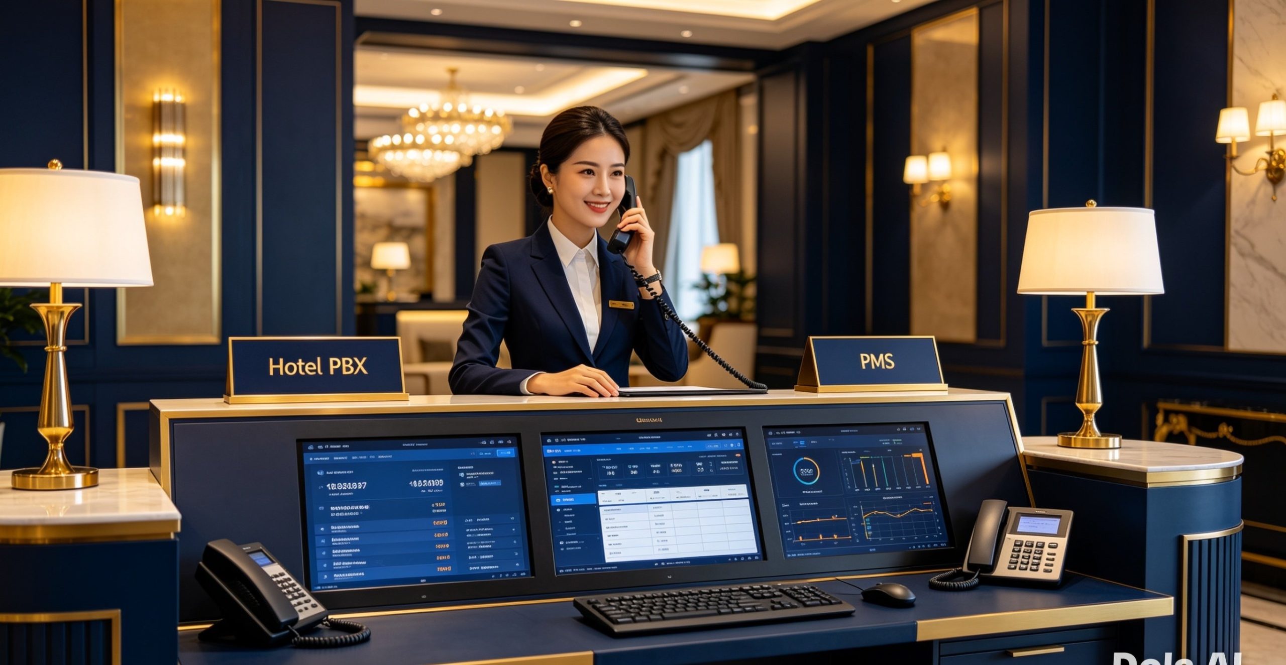 พนักงาน Front Desk ใช้ Dual Monitor Operator Console บริหารสายโทรศัพท์โรงแรม