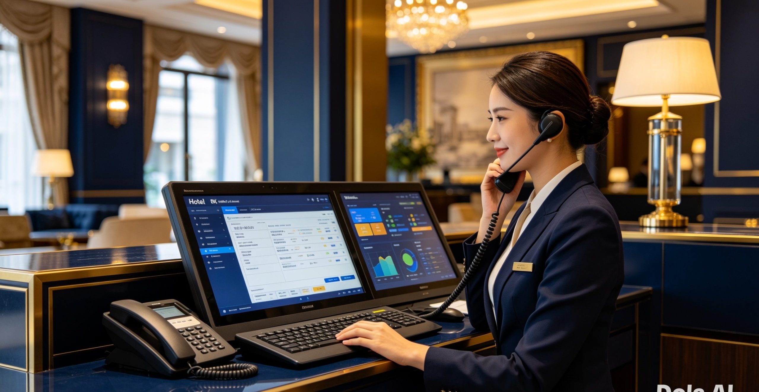 Front Desk โรงแรมพร้อม Triple Monitor แสดง Hotel PBX และ PMS