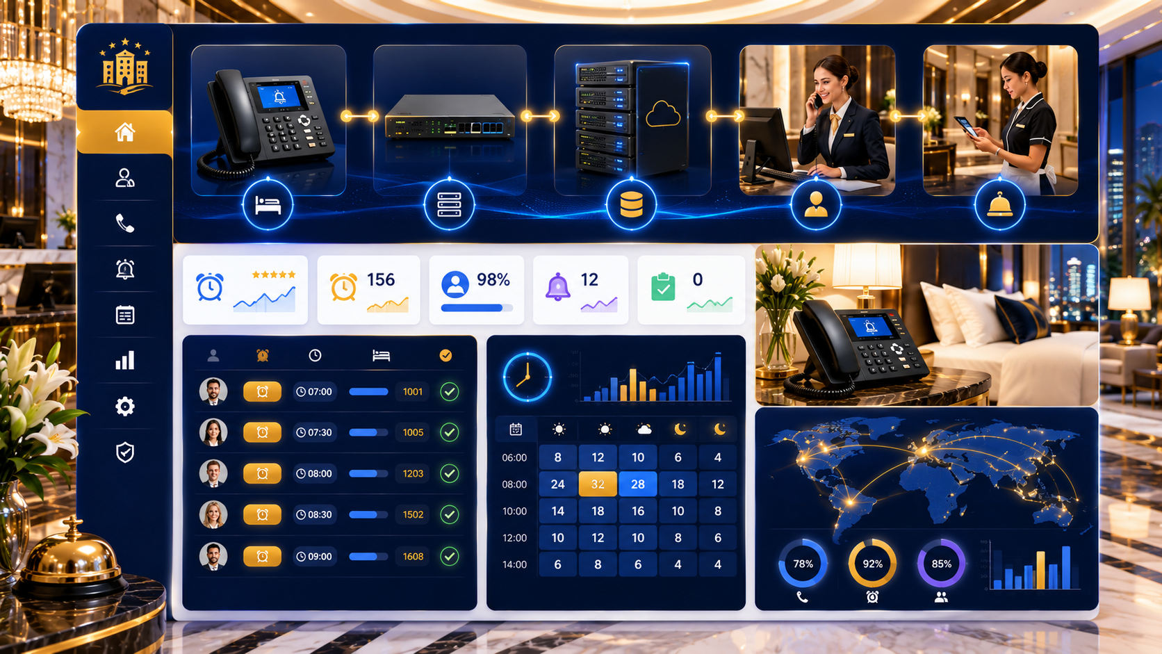 Wake-up Call System Dashboard โรงแรม แสดงตารางปลุกอัตโนมัติเชื่อมต่อ Hotel PBX และ PMS