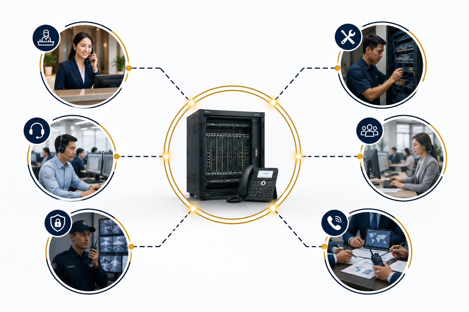 ระบบ PBX เชื่อมโยงการทำงานของหลายหน่วยงานในองค์กร เช่น Front Office, ฝ่ายช่าง, Call Center, หน่วยงานภายใน, ฝ่ายรักษาความปลอดภัย และผู้บริหาร