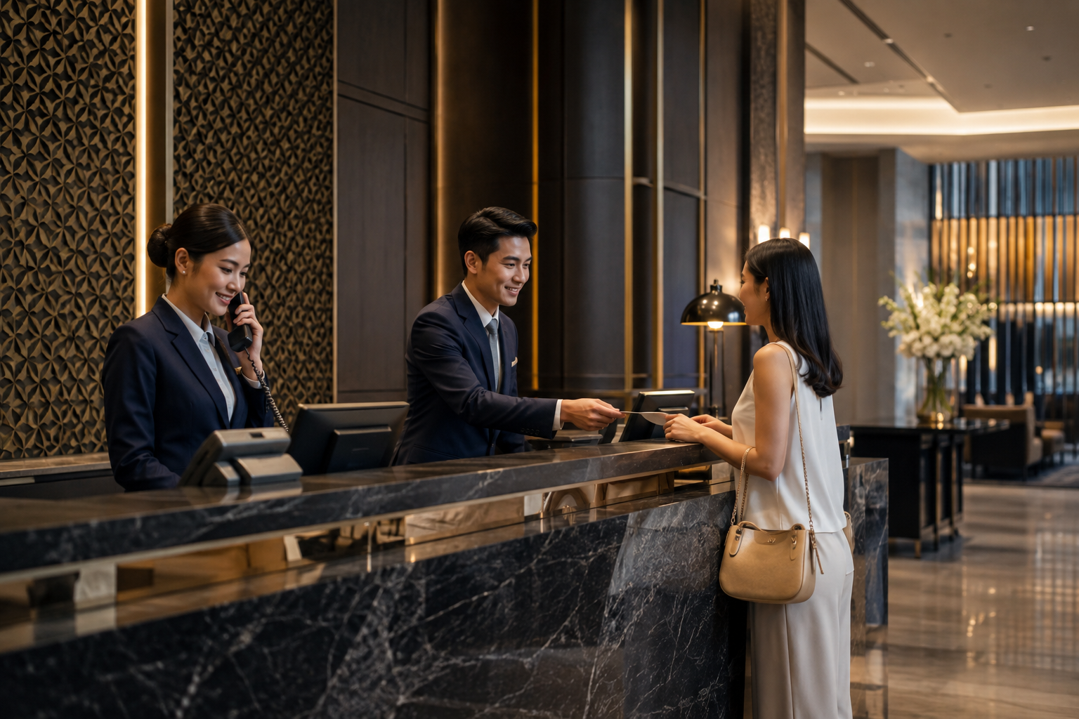 เจ้าหน้าที่โรงแรมกำลังใช้โทรศัพท์และอุปกรณ์ดิจิทัลระหว่างการทำงาน