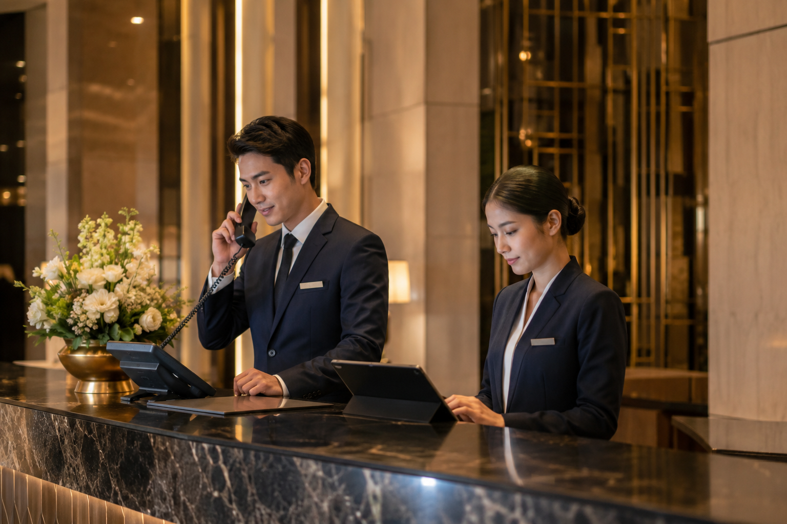 ทีม Front Office กำลังใช้โทรศัพท์และอุปกรณ์ดิจิทัลในการปฏิบัติงาน