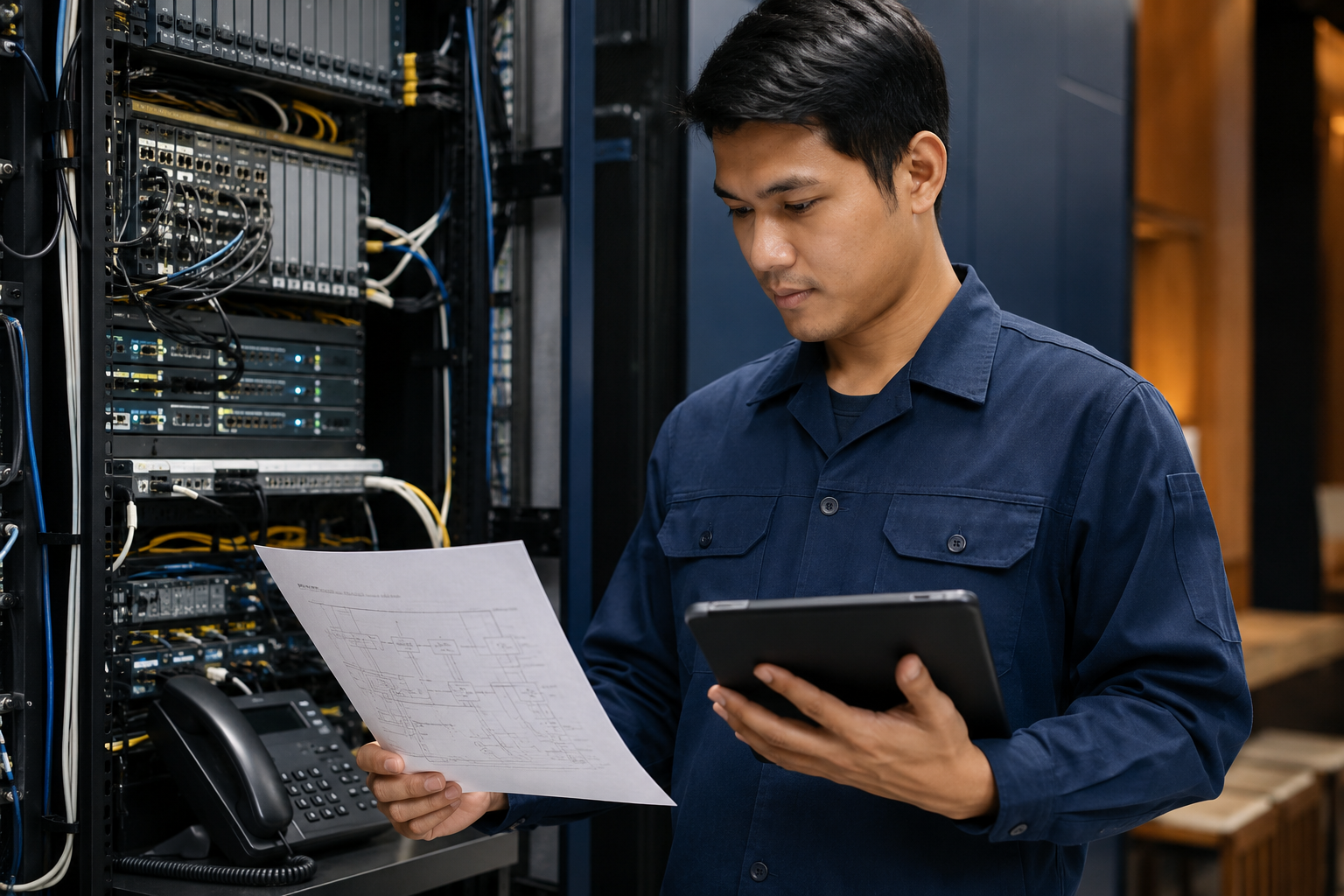 ช่างเทคนิคกำลังตรวจตู้ระบบสื่อสารและอุปกรณ์ PBX