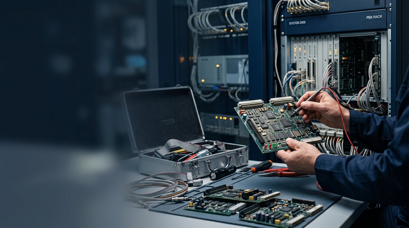 ภาพการตรวจสอบการ์ดและแผงวงจรในระบบโทรศัพท์ PBX
